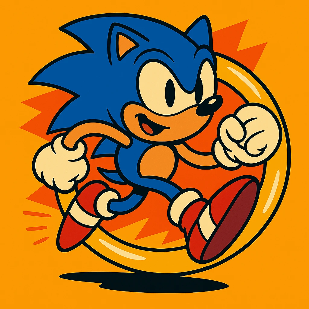 Add a large gold ring in front of Sonic the Hedgehog, keeping the vibrant cartoon style with bright colors and dynamic shading. emoji