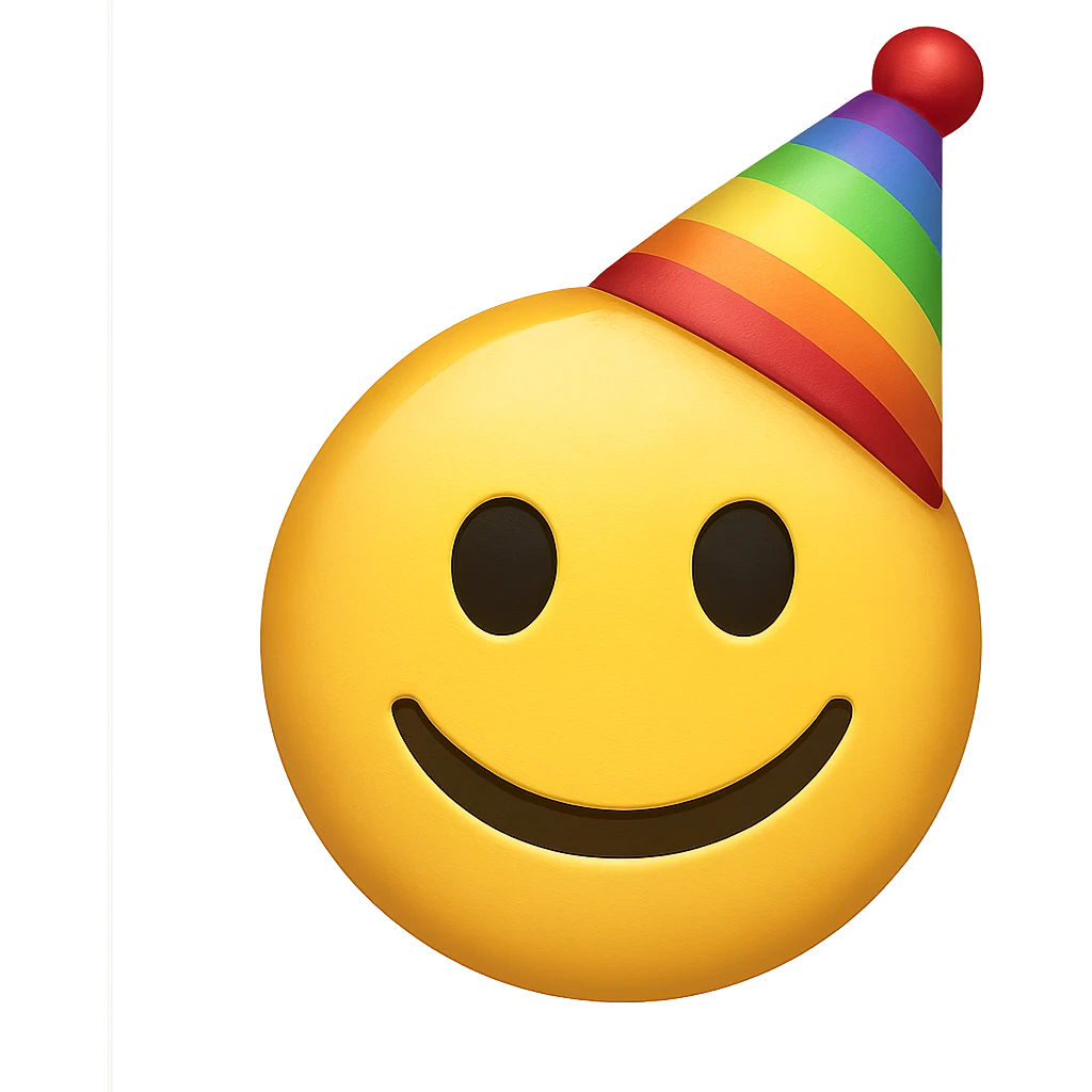 yellow face with rainbow party hat, digital illustration, emoji style, no background emoji