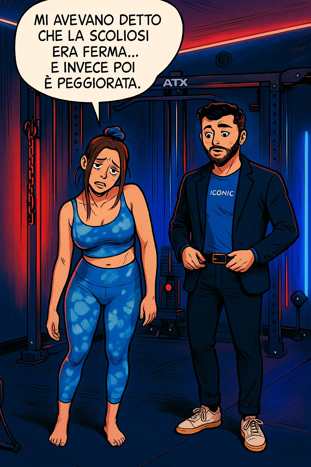 fai questa immagine in versione fumetto/manga/webtoon a colori, il manga mostra la donna disperata con un fumetto sulla testa che dice:
Mi avevano detto che la scoliosi era ferma… e invece poi è peggiorata.
 emoji
