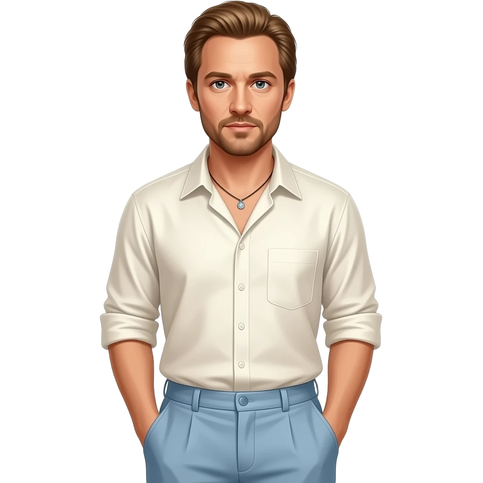 Heath Ledger with brown eyes, golden brown hair, ivory metallic shirt, light steel blue baggy pants, necklace emoji