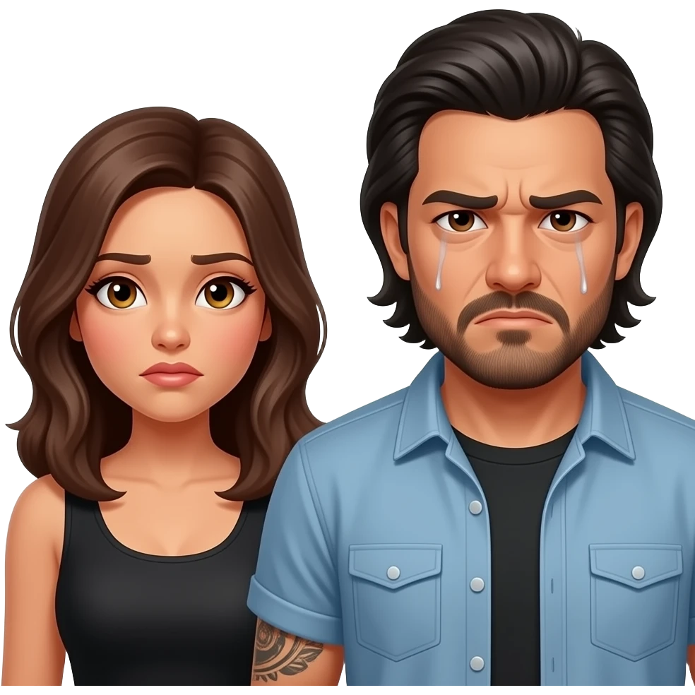 A really sad but angry Latino husband with medium length hair and beard and tattoos found out his wife was cheating on him with a bald, red bearded guy, and his wife is beautiful with hazel eyes and shoulder length brown hair and their relationship is broken emoji