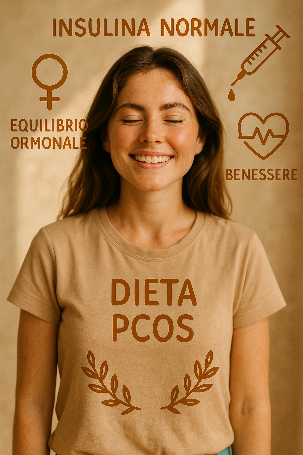 vertical realistic image of a smiling and healthy woman with normal insulin levels thanks to a specific diet for PCOS, symbols of hormonal balance and well-being, warm lighting, Italian captions, aspect ratio 2:3 emoji