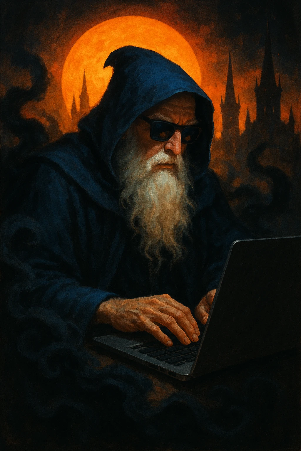A powerful wizard, white beard and blue hooded cloak, wearing sunglasses, using a laptop. Surrounded by dark smoke, with a glowing orange sun or moon and gothic spires silhouetted in the background. Rich color contrast: warm orange/yellow sky, deep blue/black shadows. emoji