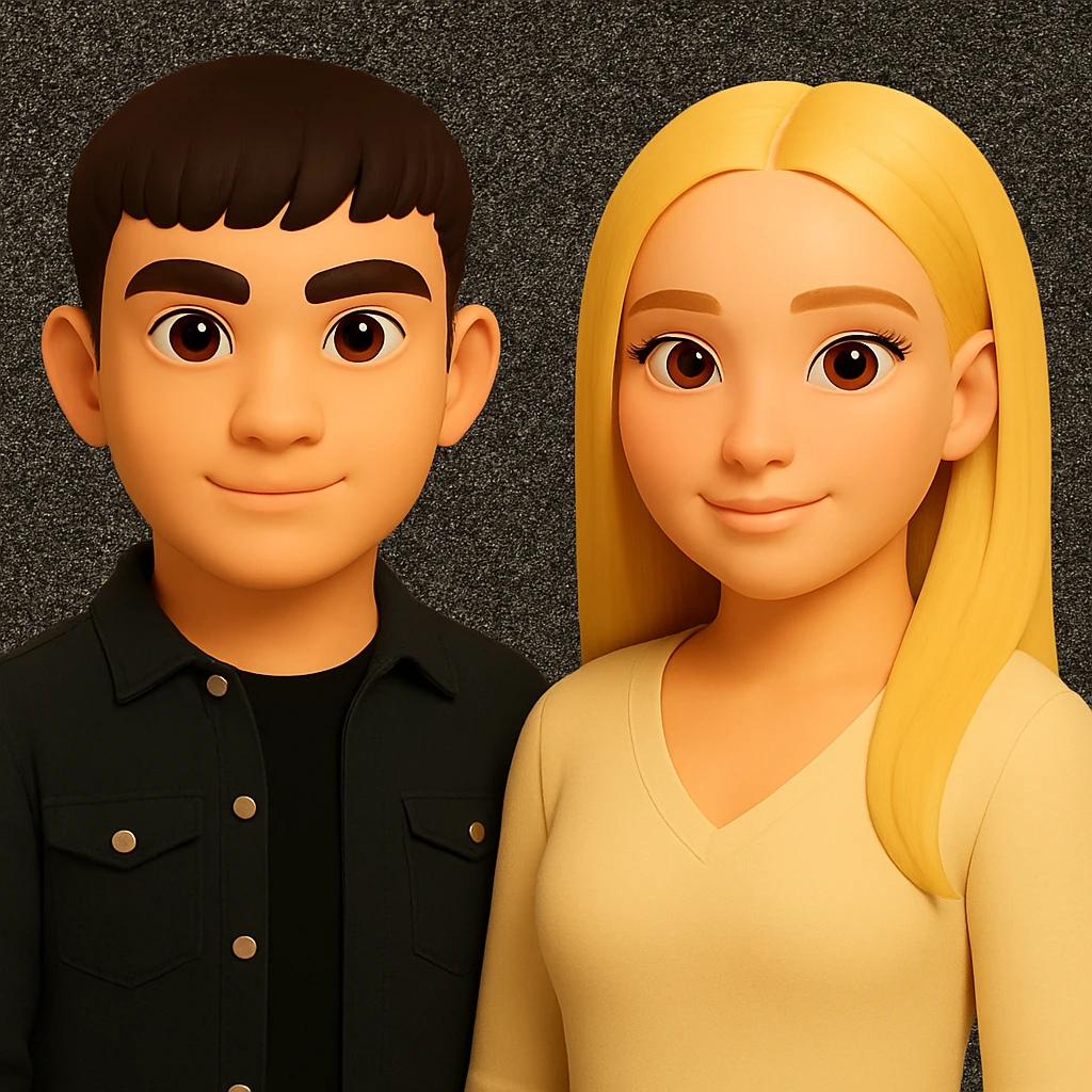 Spread the people apart in the image to create a small space between them while preserving the original style and background. emoji