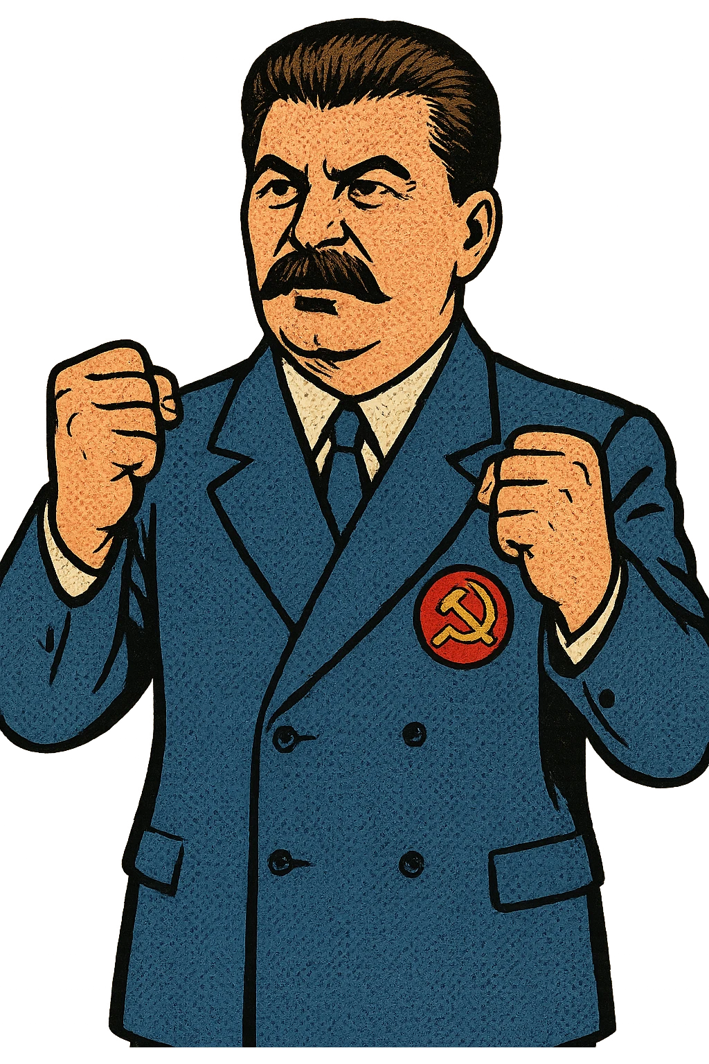 A full body image of a political leader who looks like Joseph Stalin and who is wearing a blue suite with a large badge of the communist party on his jacket.  He will look determined and showing his fists emoji