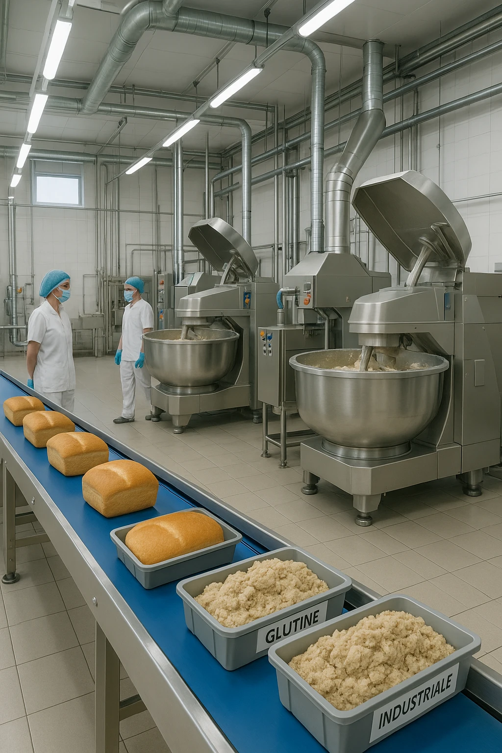 a modern food processing factory interior, with large stainless steel machines mixing and kneading dough. In the foreground, a conveyor belt carries loaves of bread and trays of raw gluten, labeled “Glutine industriale” Workers in uniforms and hairnets monitor the process. The atmosphere is clean, efficient, and slightly clinical. emoji