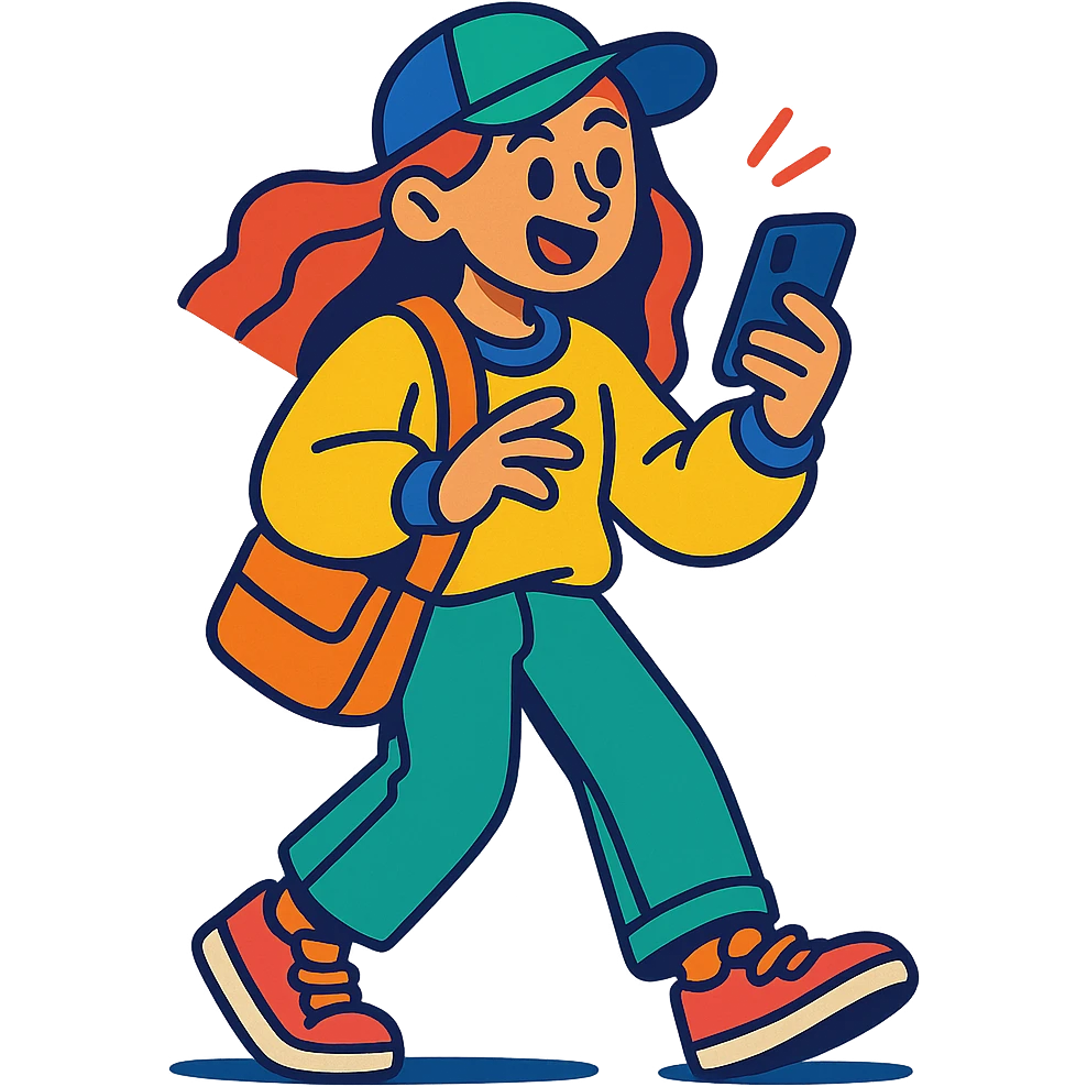 z generation girl, casual streetwear, holding smartphone, lively atmosphere emoji