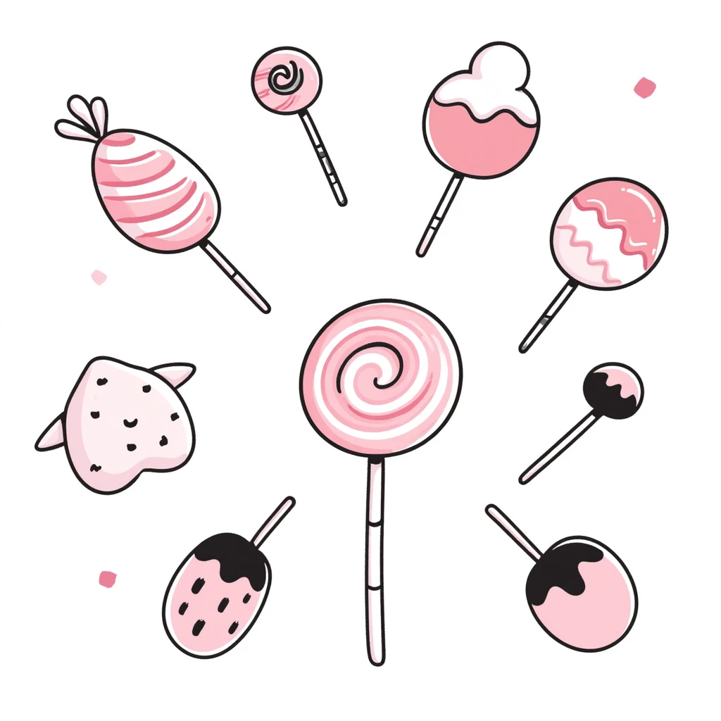 A4 portrait aspect ratio, high resolution, Japanese hand-drawn style, pink candy theme, with cute sweets, lollipops, marshmallows, soft pastel gradients, no text, for print or portrait use emoji