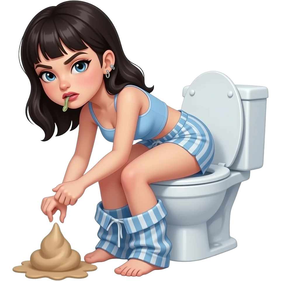 girl with dark hair and bangs with septum and snake bites piercings pooping on the toilet aggressively with pajamas around ankles emoji