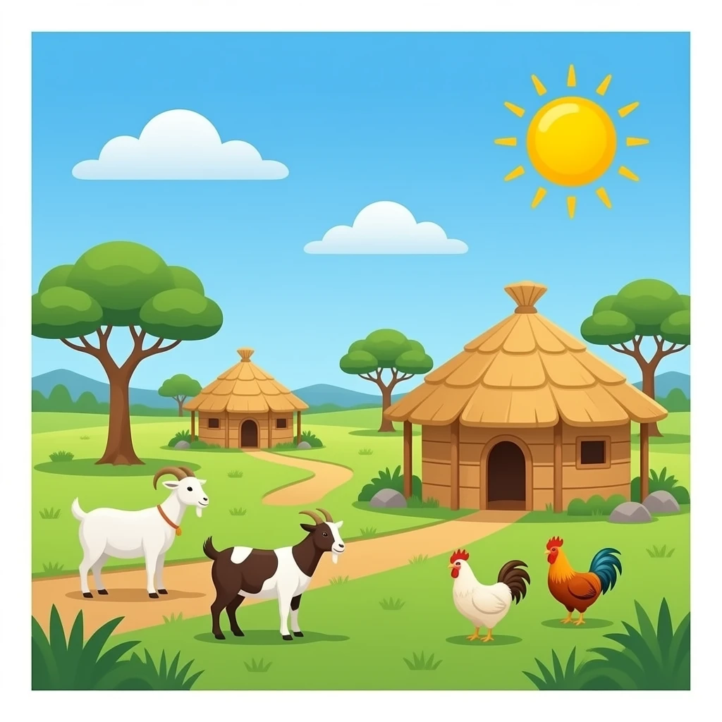 afrikanische Lodges mit Ziegen und Hühnern emoji