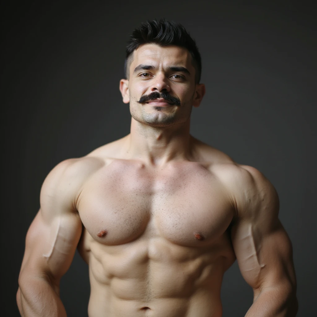 heavily pumped up man, realism, white tanned skin, black hair, buzz cut hairstyle, black handlebar mustache, brown eyes emoji
