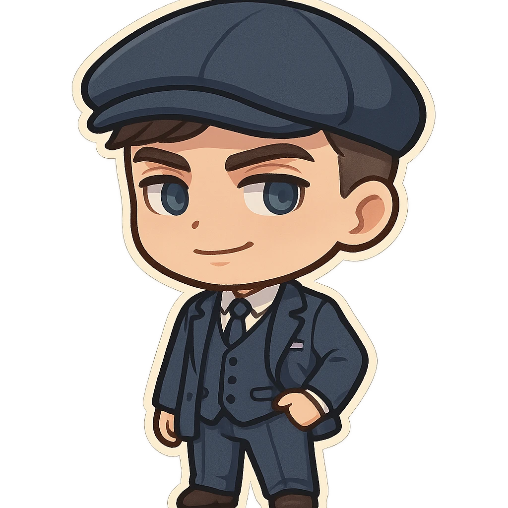 cartoon style Thomas Shelby from Peaky Blinders, blue suit, flat cap, confident expression emoji