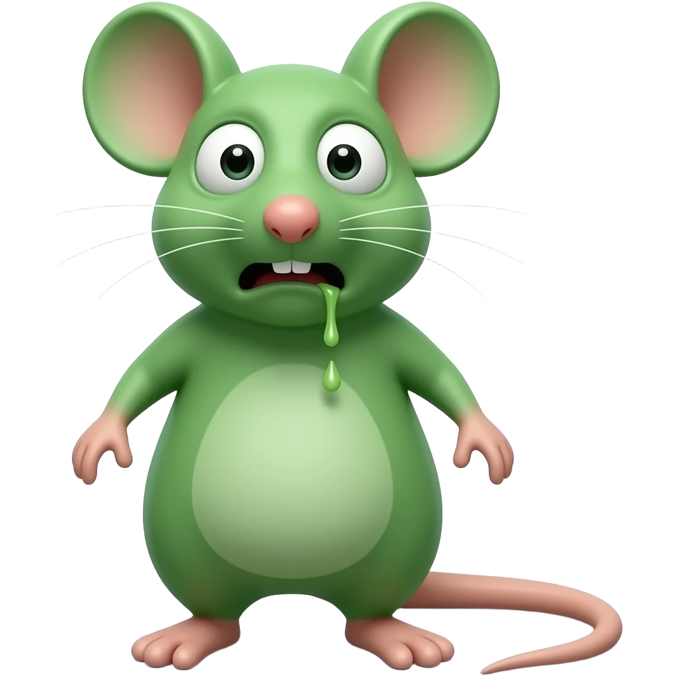 A little green mouse standing upright, with arms and legs that look like those of a little person, staring at us with revolting and nauseating face on its face. He's going to throw up .The mouse’s body is entirely green. emoji