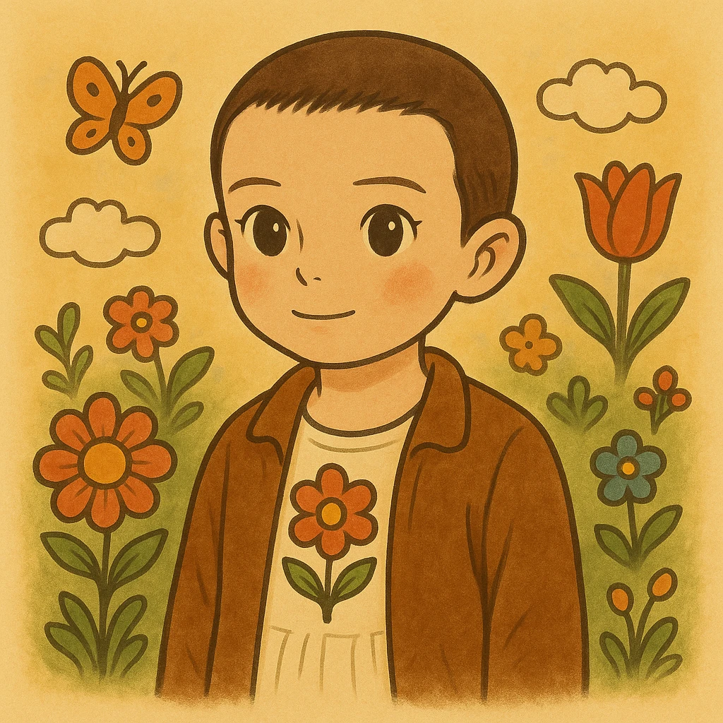 Variation of Eleven from Stranger Things, from the waist up, inspired by coloring drawings of Bobbie Goods and Cuzy, in Ghibli style, square format 1:1. emoji