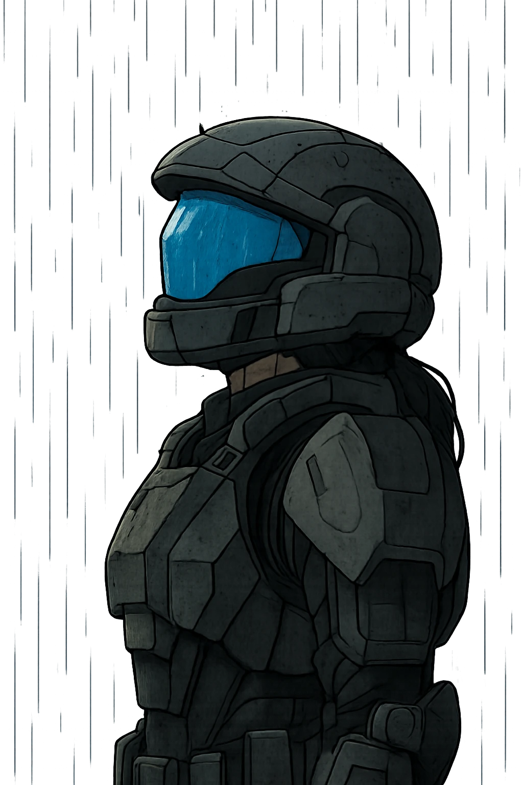 A female odst, blue full face visor, right shoulder profile, helmet on, looking up to the sky, the sky is pouring rain, midnight shadows emoji