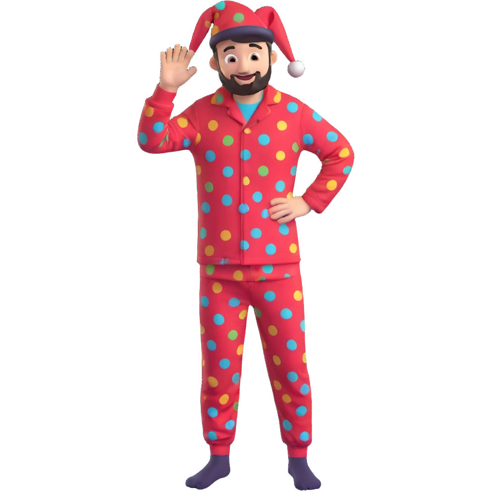 Redesign the psychiatric clinic patient character to look less childish and more like a funny adult. Keep the #6fe8f3 pajamas, add a quirky adult face with stubble or messy hair, and maintain humorous details like mismatched socks or a silly hat. Avoid a childish look. Maintain the playful 3D style. emoji