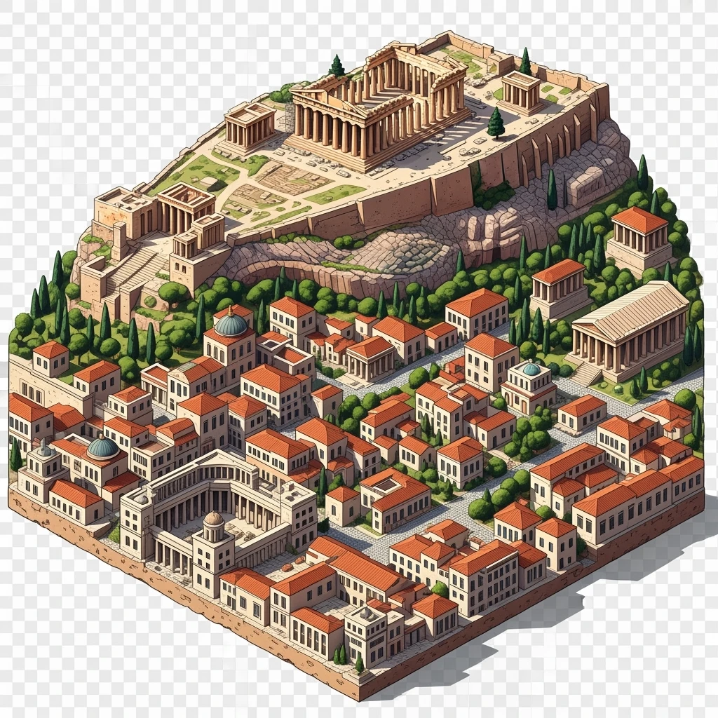 Isometric illustration of Athens, featuring the Parthenon on the Acropolis hill, highly detailed in semi-realistic style balanced between stylized and realistic, 3D miniature effect, transparent background. emoji