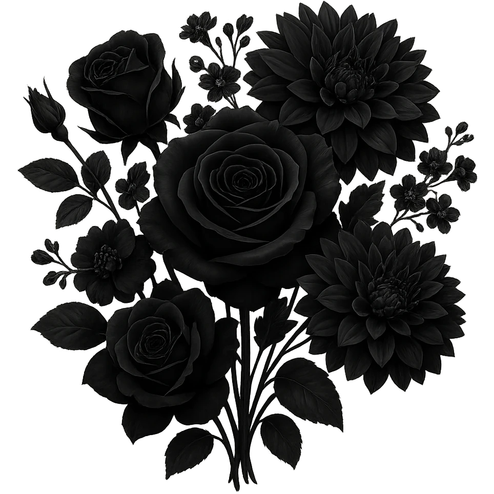 Create an elegant gothic style bouquet of black flowers with no background. The bouquet should have a dark, sophisticated, and gothic aesthetic, emphasizing the black color and elegance of the flowers. emoji