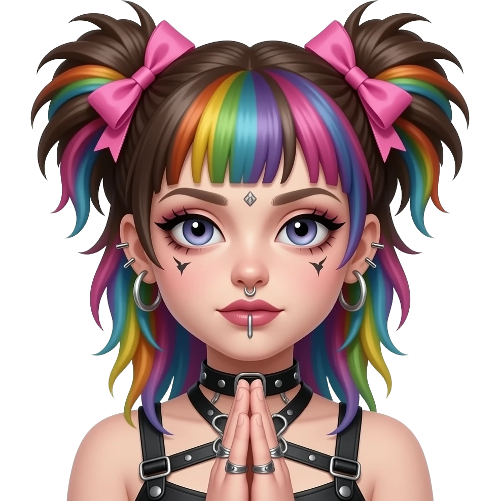 Baphomet babe with thick septum ring and face piercings, messy, washed-out rainbow dyed hair and overgrown brunette roots, styled into two matted, spiky, y2k/alt-fashion buns, styled with frilly girly pink hair bows and bondage while praying to her dear lord and daddy Lucifer down below emoji