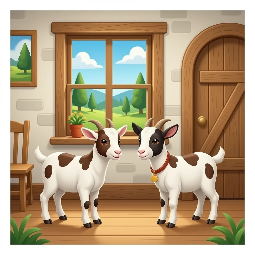 hazme la parte de dentro de una casa, la casa tiene que ser rustica. Pon algunas (2 o 3) cabras pequeñas con manchas marrones DENTRO de la casa. emoji