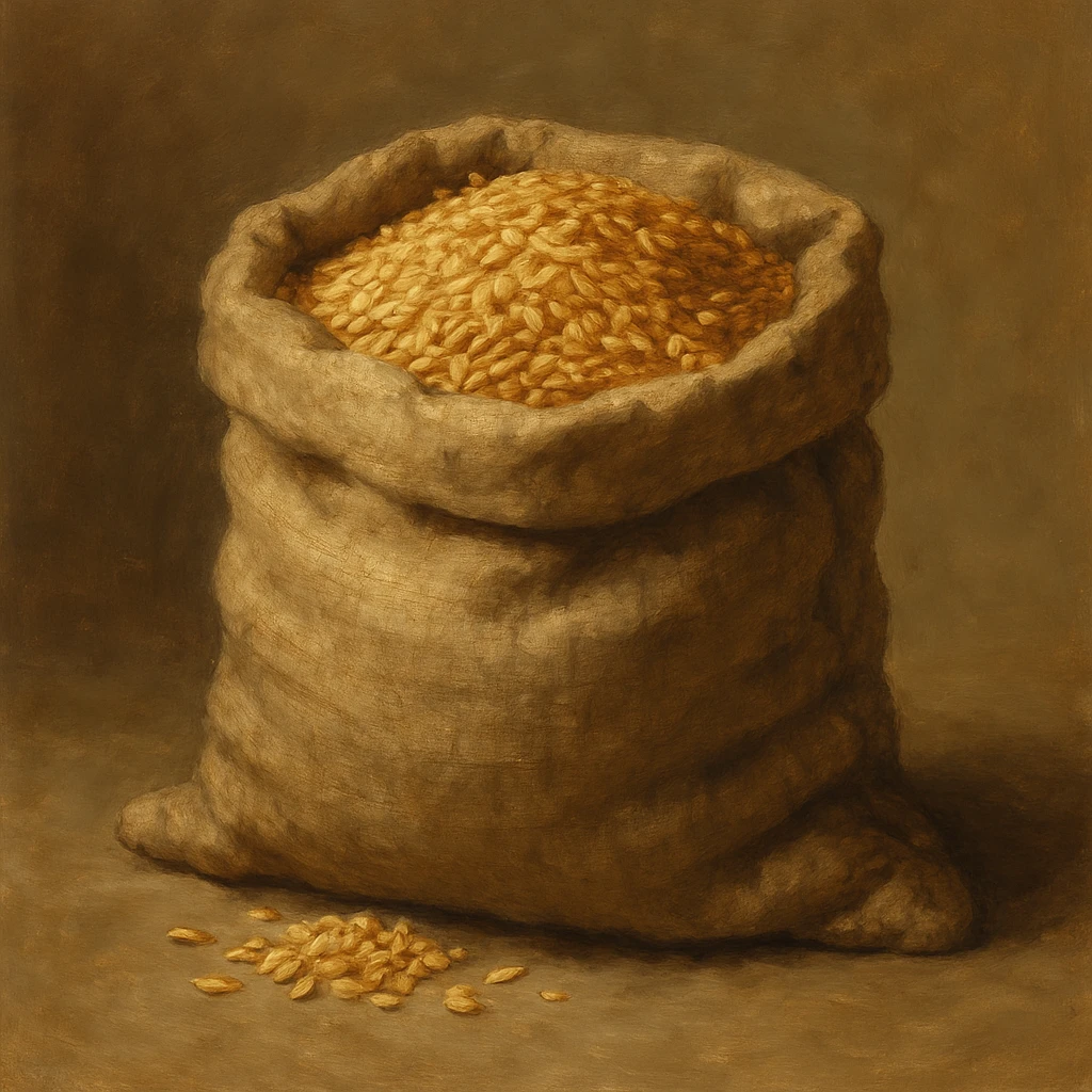 Сгенерируй мне мешок зерна в стиле реалистичной живописи на однородном фоне emoji