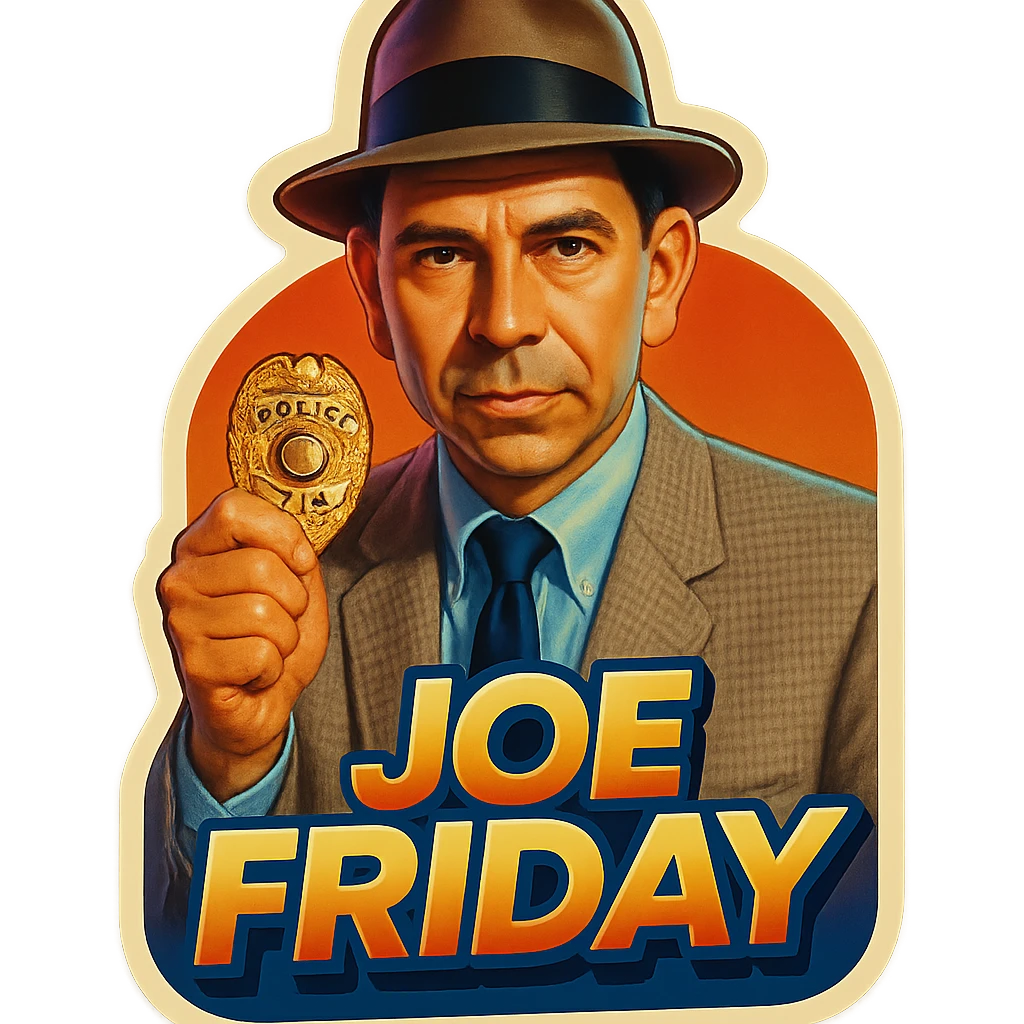 poster of Joe Friday inspired by the reference photo, retro stickers style, holding a police badge emoji