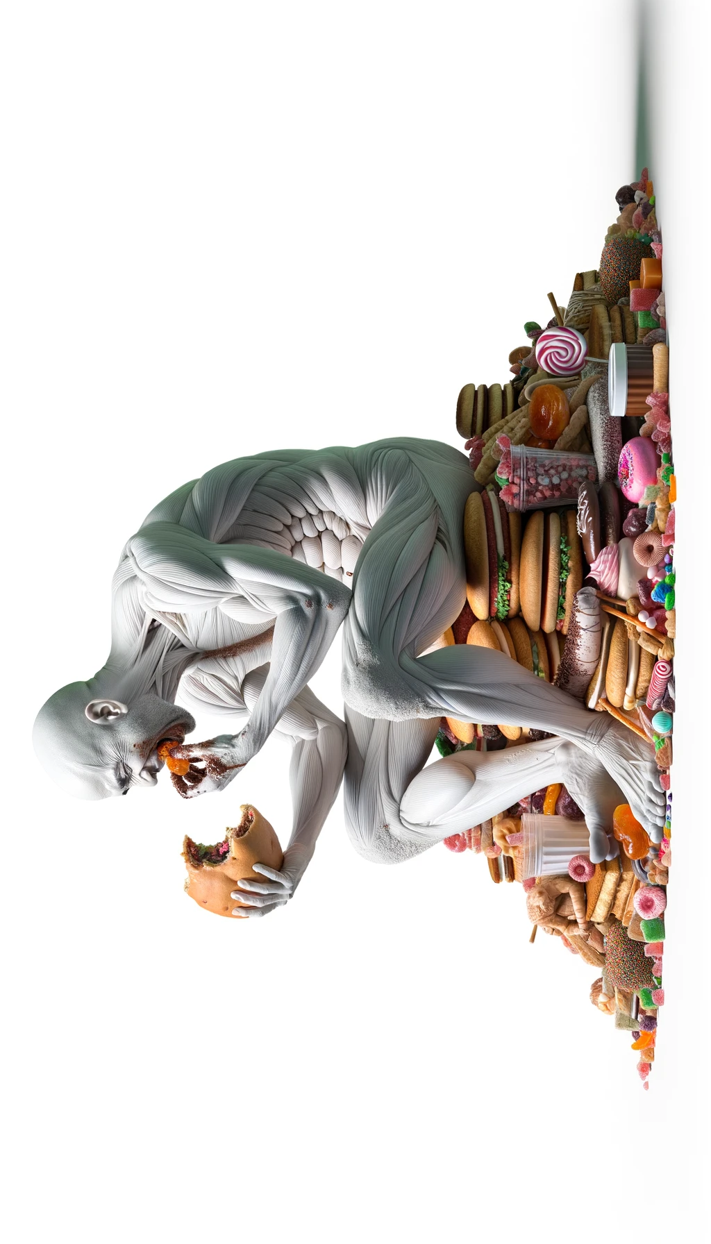corpo umano anatomico in piedi a figura intera che si abbuffa di dolci e zuccheri, iperrealistico 4k, isolato su sfondo bianco emoji