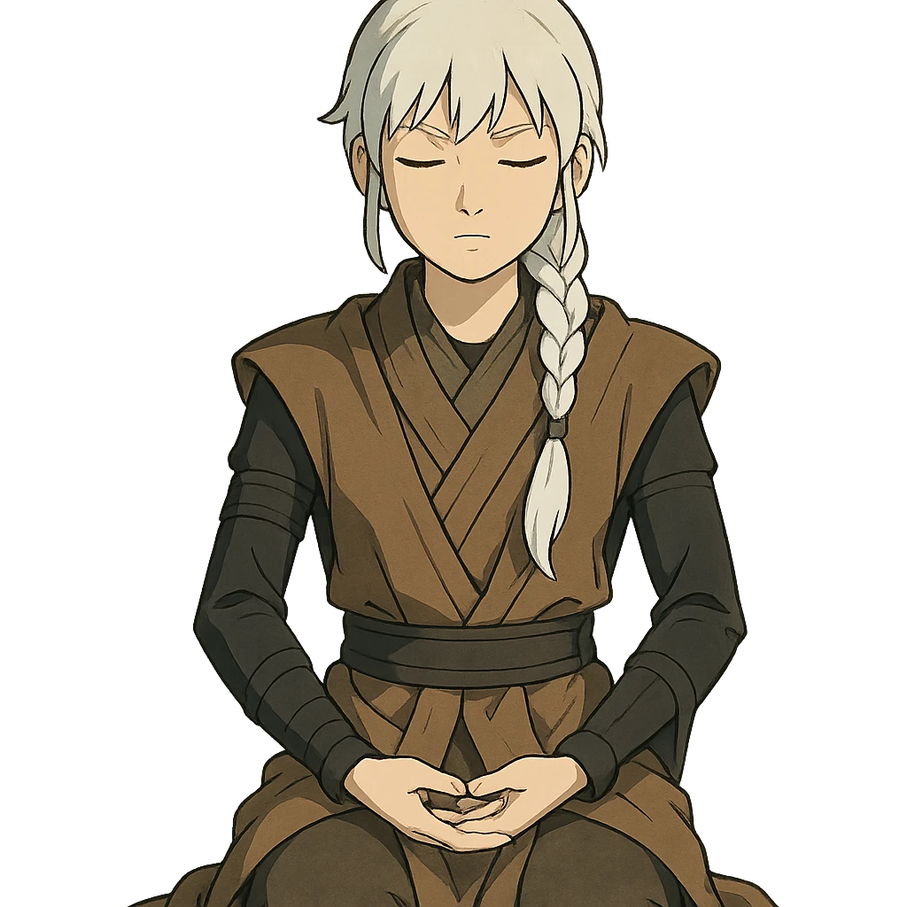  a closeup portrait of young woman with gold yellow eyes, white hair, long braid, black off-shoulder top, punk gothic style, futuristic cyberwave cyberpunk,  jedi attire, kneeling and gathering chi, jedi meditate, eyes closed hands at full rest. original republic jedi robes padawan emoji
