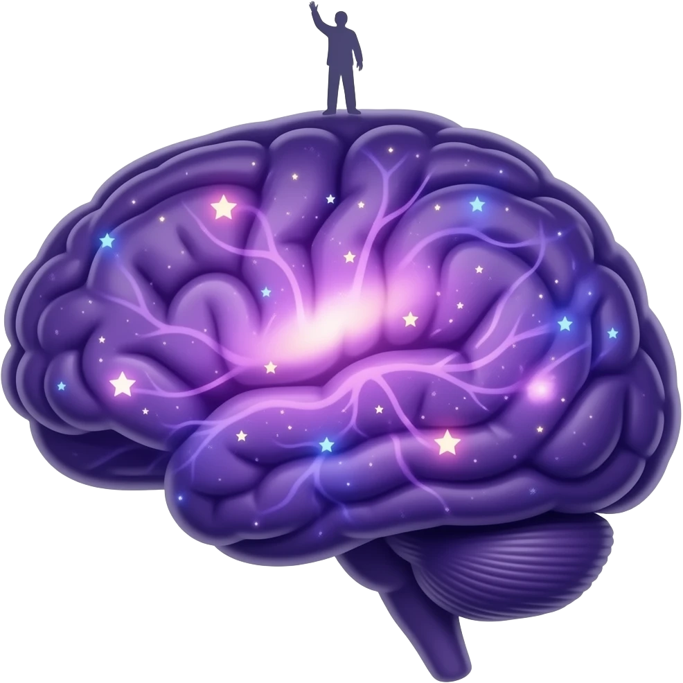 purple brain shaped like a mini galaxy, glowing neural connections, tiny stars inside, small human silhouette standing on top or reaching toward it, futuristic and cute, transparent background emoji