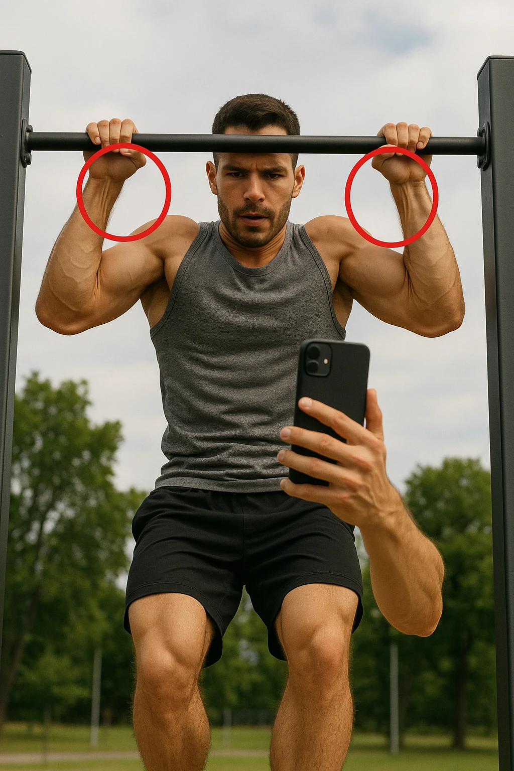 uomo che fa Muscle up e si sta filmando davanti con il telefonino per vedere la sua posizione dei gomiti e delle mani sulla sbarra, fai dei cerchi per indicara i gomiti emoji