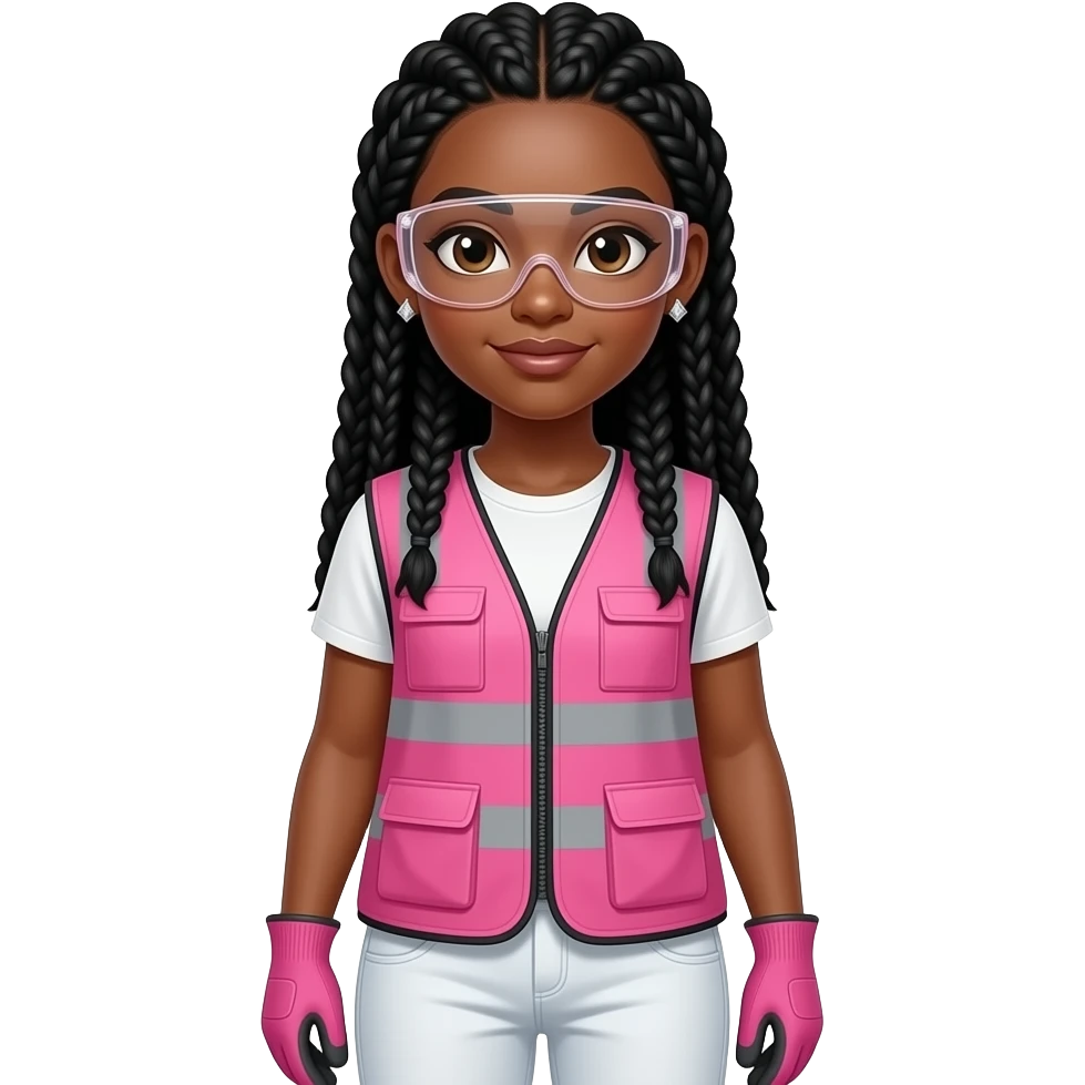 light skin woman with brown eyes with long black box braids wearing diamond earrings wearing pink and clear safety glasses wearing a pink construction vest wearing white pans wearing pink construction vest wearing white pants wearing pink construction gloves emoji