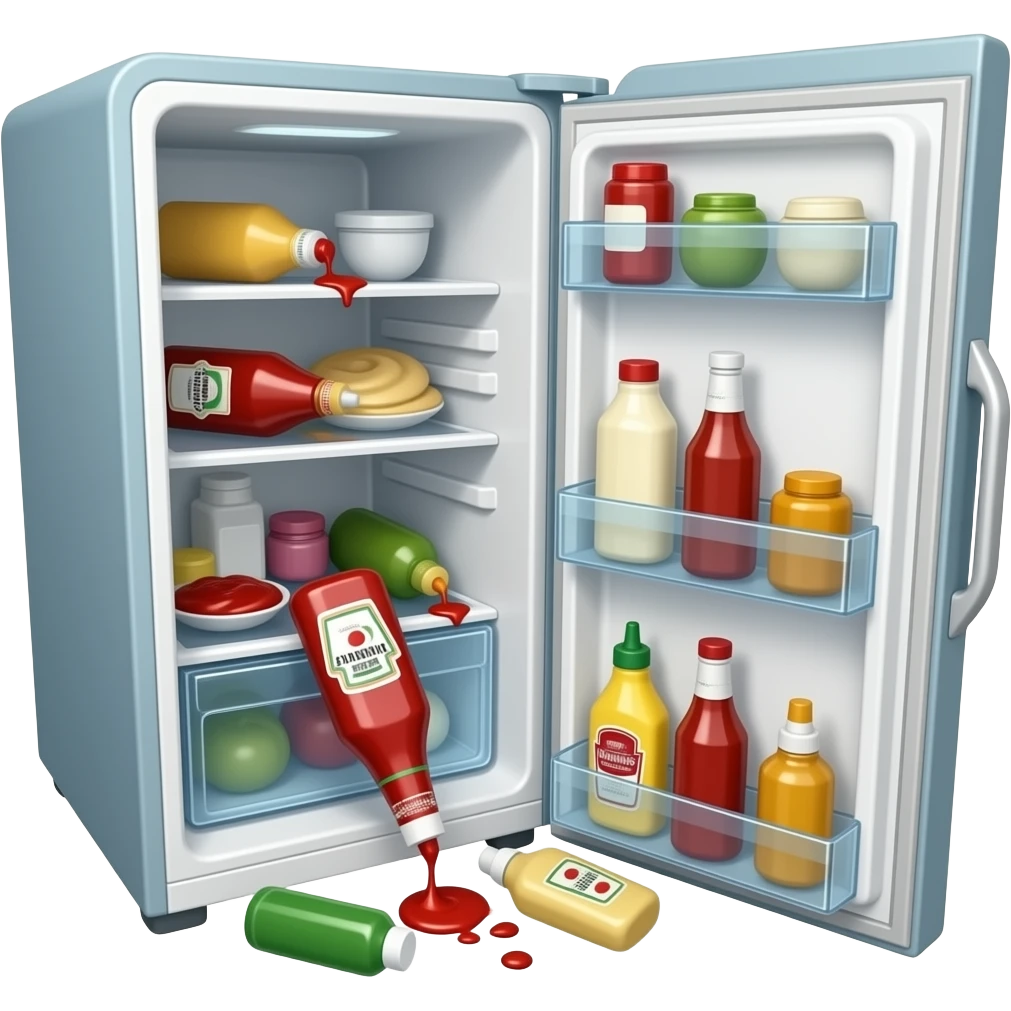 GELADEIRA ABERTA BAGUNÇADA COM KECTHUP,MAIONESE, MOSTARDA E OUTROS MOLHOS JOGADOS emoji