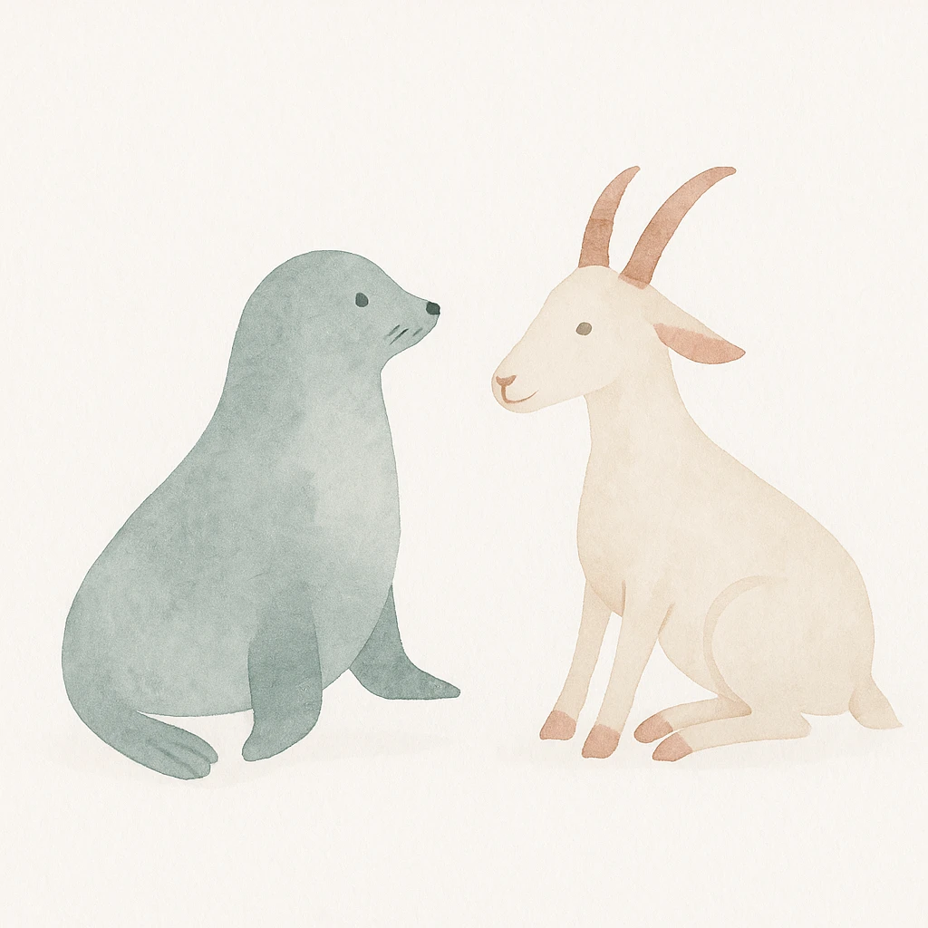 a seal and a goat sitting together, watercolor illustration emoji