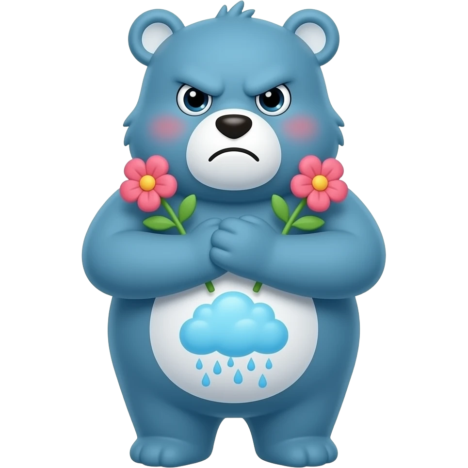 3D render iPhone emoji PNG of grumpy bear from Care Bears. Blue fur with white belly and a blue rain cloud in his stomach; crossing his arms adverting his eyes while holding flowers blushing emoji