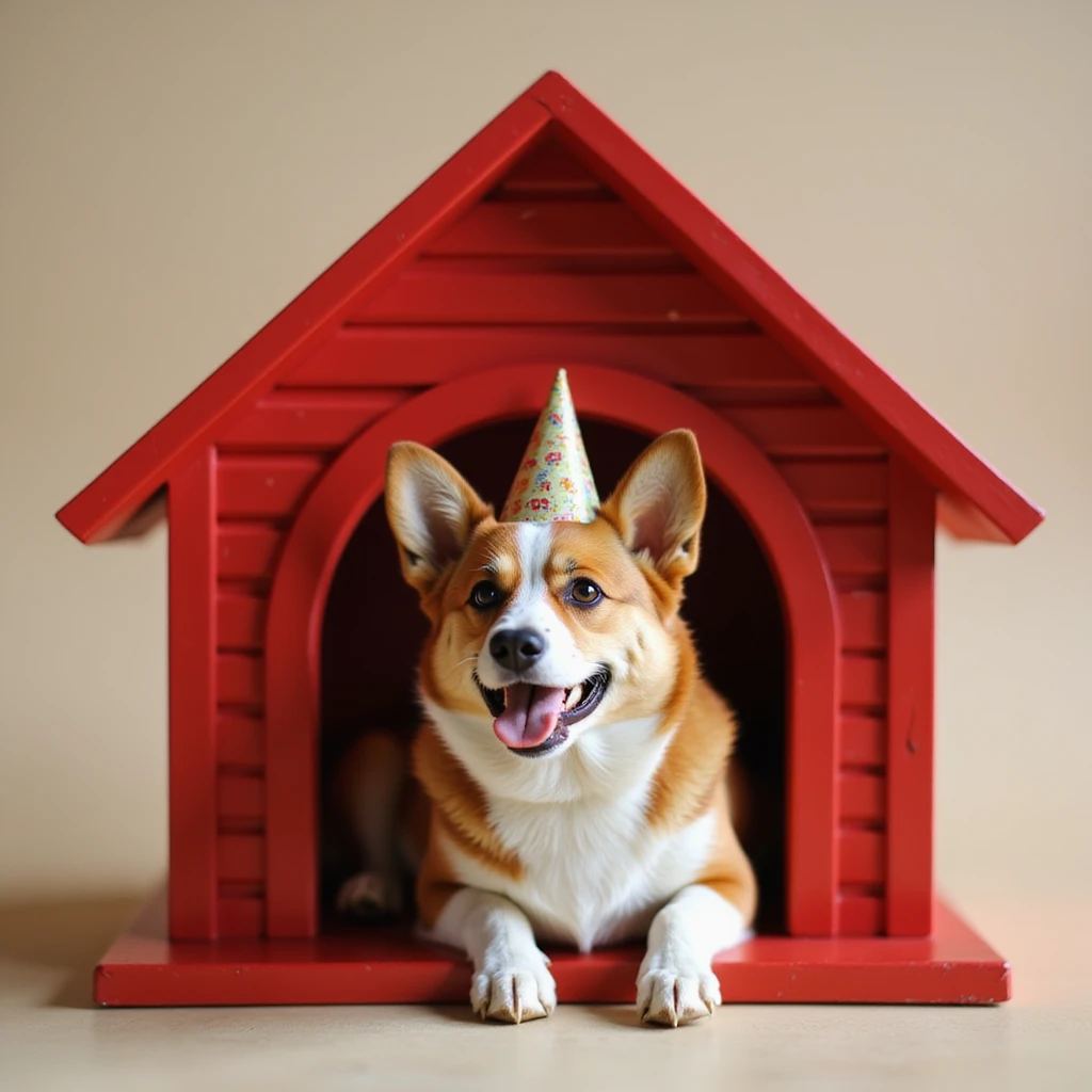realistic red dog house with a Corgi dog inside, Corgi with a party hat, photorealistic style emoji