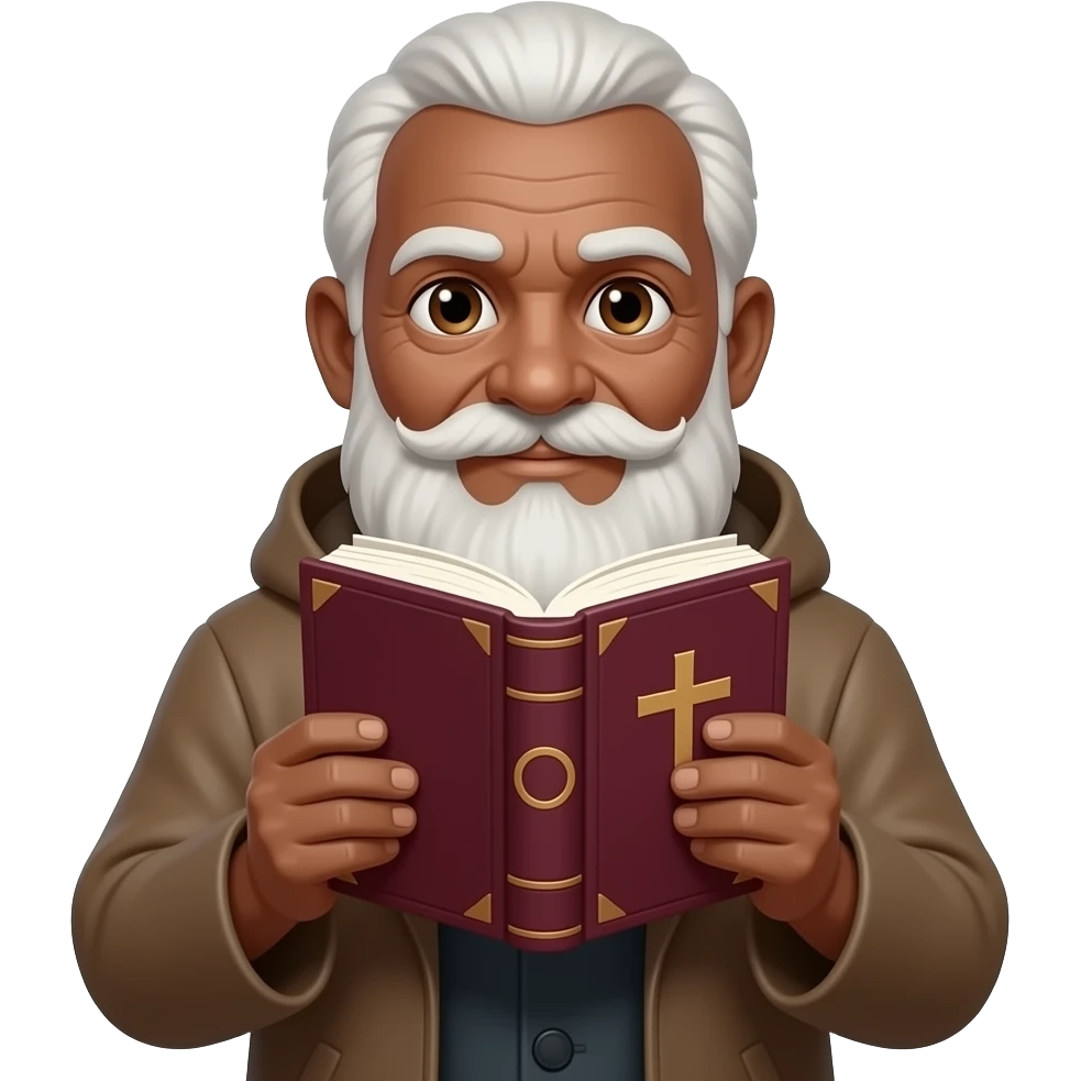wise old man with greying white hair brown eyes white beard black skin with burgundy book that has a cross on it no circle emoji