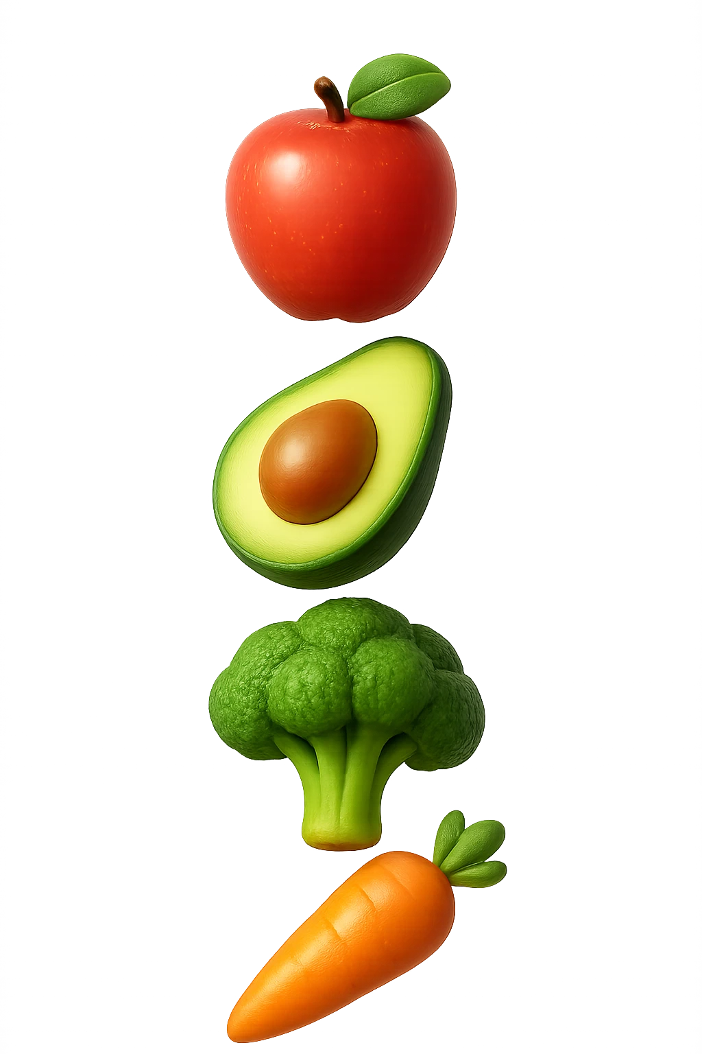 emoji stile iphone in 3d di cibo sano che fluttua in aria vericalmente, iperrealistico 4k emoji