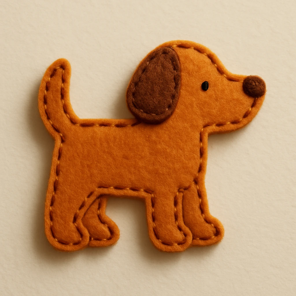 Handcrafted felt dog icon with simple shapes, clean curves, medium visible brown running stitch around edges, slightly raised look, warm orange and brown felt, minimal facial features, soft diffused lighting, subtle shadow, neutral background emoji