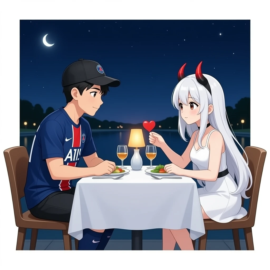 romantic date at a dinner table. The guy is asian an wears a black fishing hat and a dark blue soccer tricot from PSG. The girl is dressed as an anime girl with a white wig, white dress and black-red horns emoji