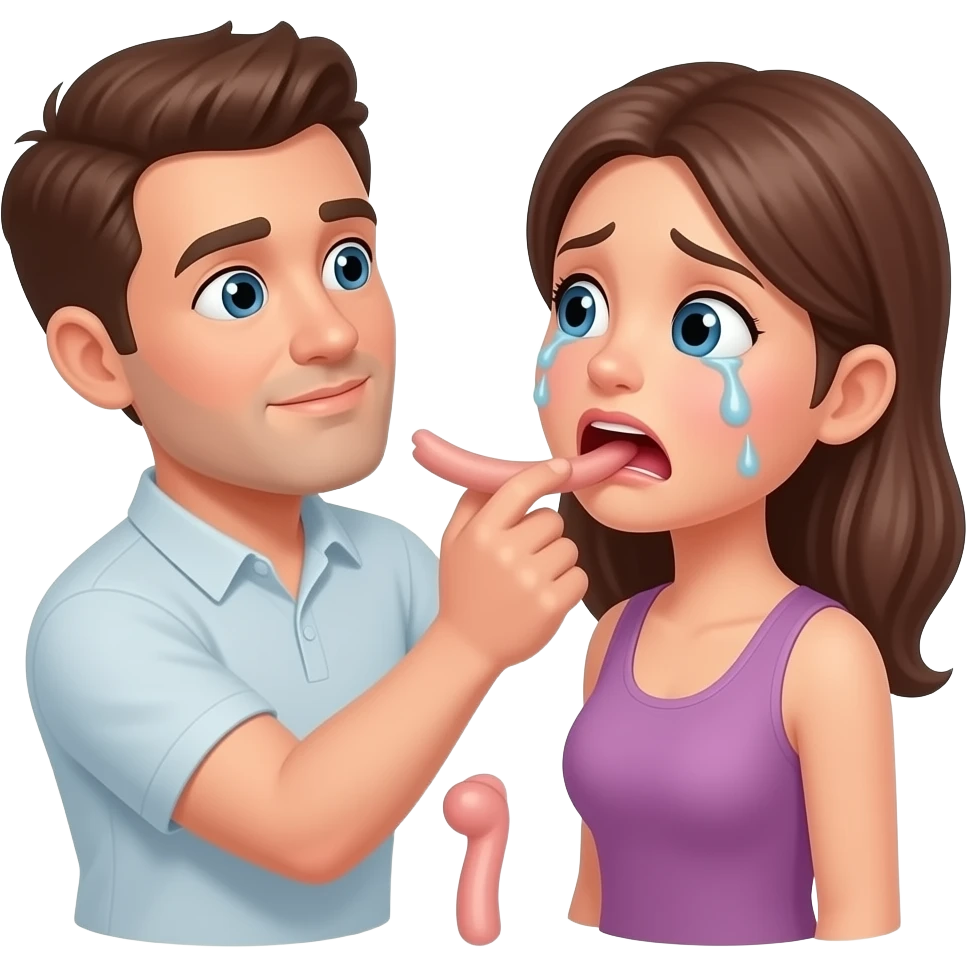 The man is putting is penis in the women mouth, the woman is crying and scared, the dick is placed between the men’s thighs emoji