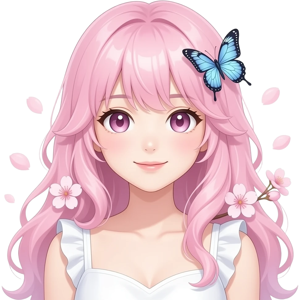 A Gorgeous Beautiful Anime Lady Sakura Cherry Blossom and Pretty Hair, pastelcore aesthetic, pastel pink and white, butterfly, Fairycore emoji