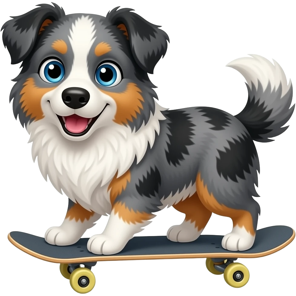 Blue merle mini Australian Shepherd with bright blue eyes, fluffy black/grey/white/tan fur, white chest and paws, playful expressive face, riding a skateboard. Clean emoji style, bold lines, minimal background, high contrast, readable at small size. emoji