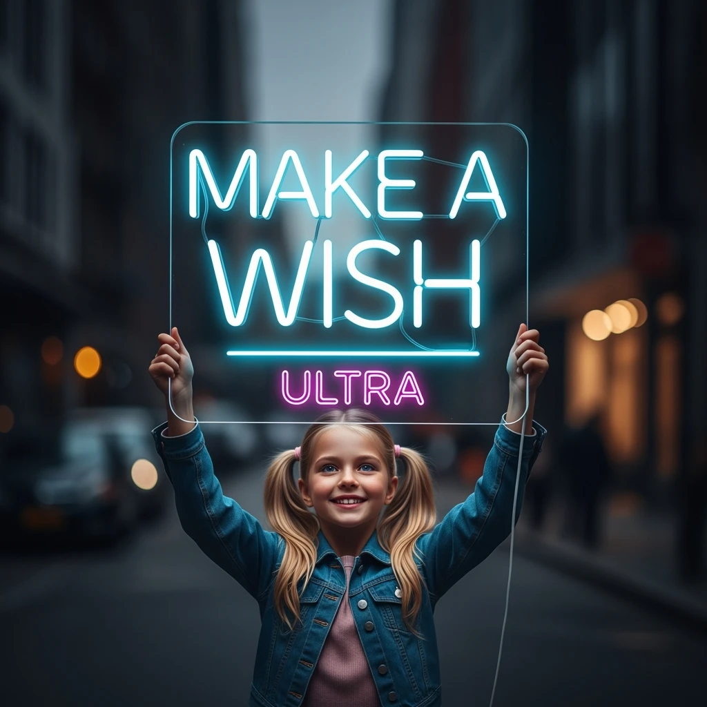 make a girl holding this sign, but sign in made of neon, also add ultra below the sign emoji