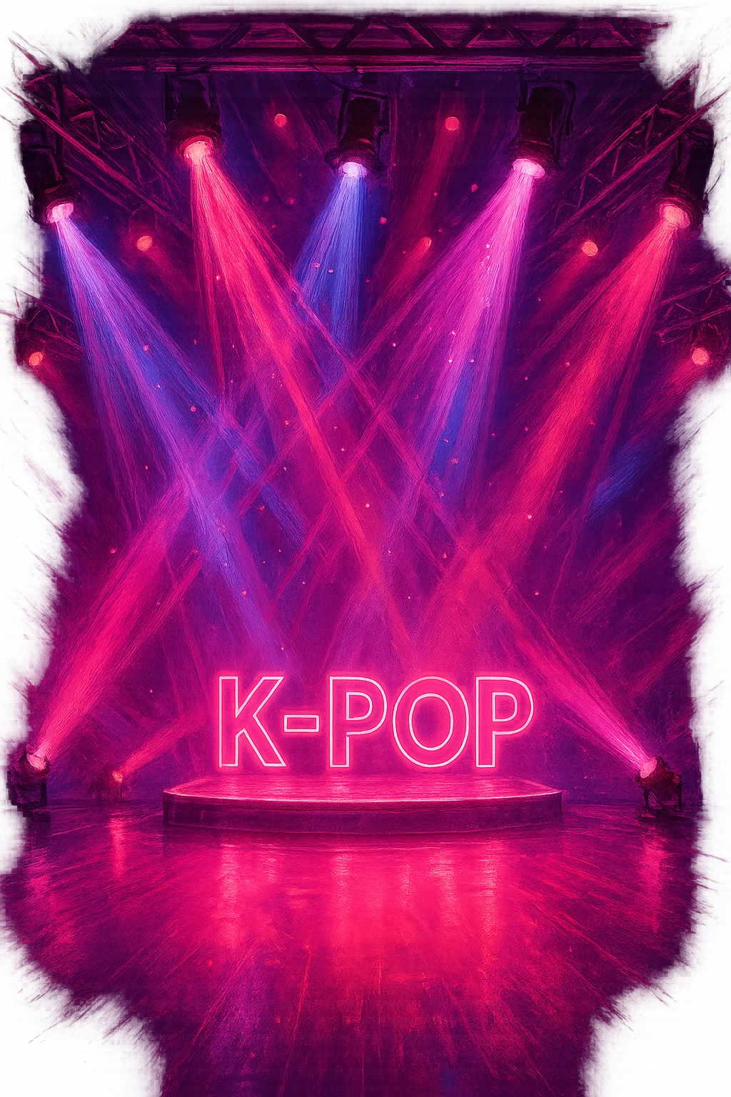 pink kpop stage with spotlights, vibrant emoji