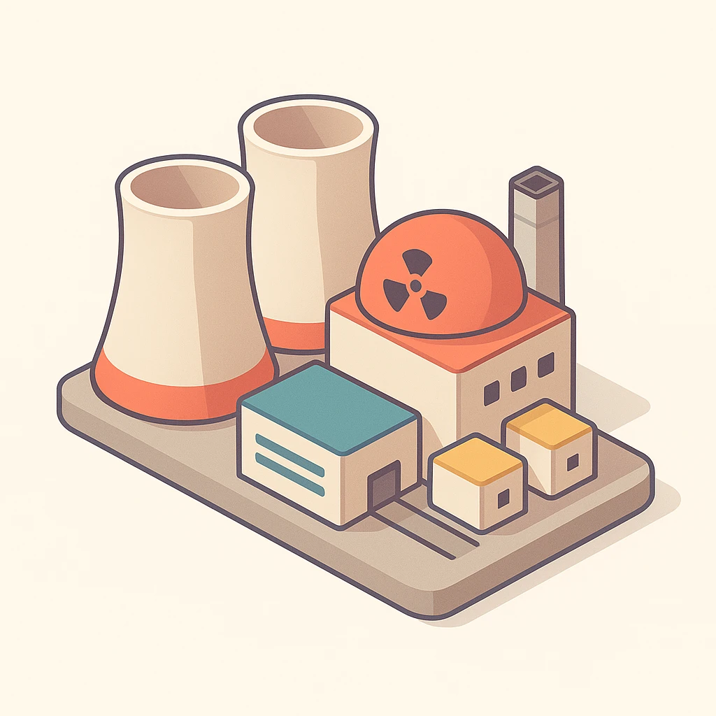 isometric view of a nuclear power plant, detailed, cooling towers, reactor building, subtle color palette emoji