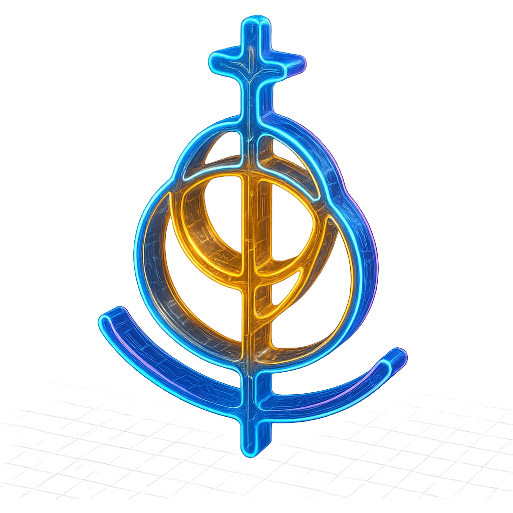 Re-imagine this symbol in a cyberpunk, holographic style with glowing neon blue and pink edges, circuit patterns throughout, and a transparent background. Maintain the recognizable geometric shape, overlaying neon and circuit effects in the same futuristic, clean style as the previous cyberpunk icons. The whole symbol should have a consistent cyberpunk glow and intricate circuit details. emoji