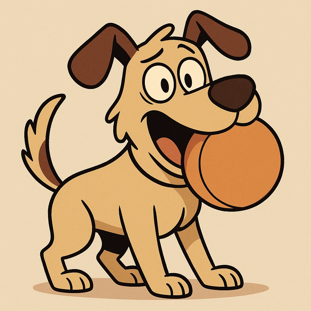 ein Hund mit einem Ball im Maul, cartoonartig, neutraler Hintergrund emoji