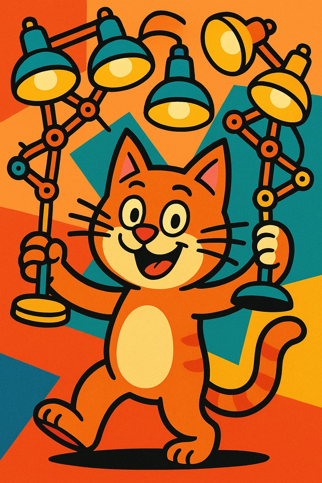 cartoon cat holding three multi-armed lamps, each lamp with three arms, cheerful and detailed emoji