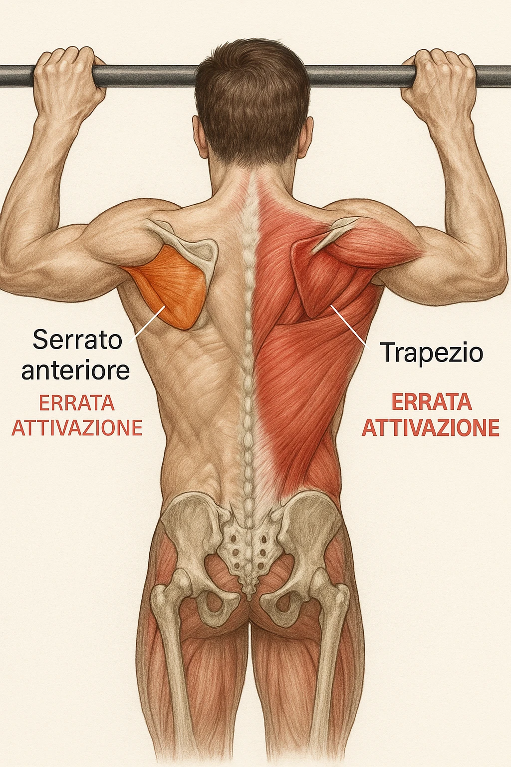 realistic anatomical image of a man doing pull-up on a bar, scapular and dorsal muscles highlighted to show incorrect activation, using colors or transparencies to distinguish involved muscles, Italian captions, aspect ratio 2:3 emoji