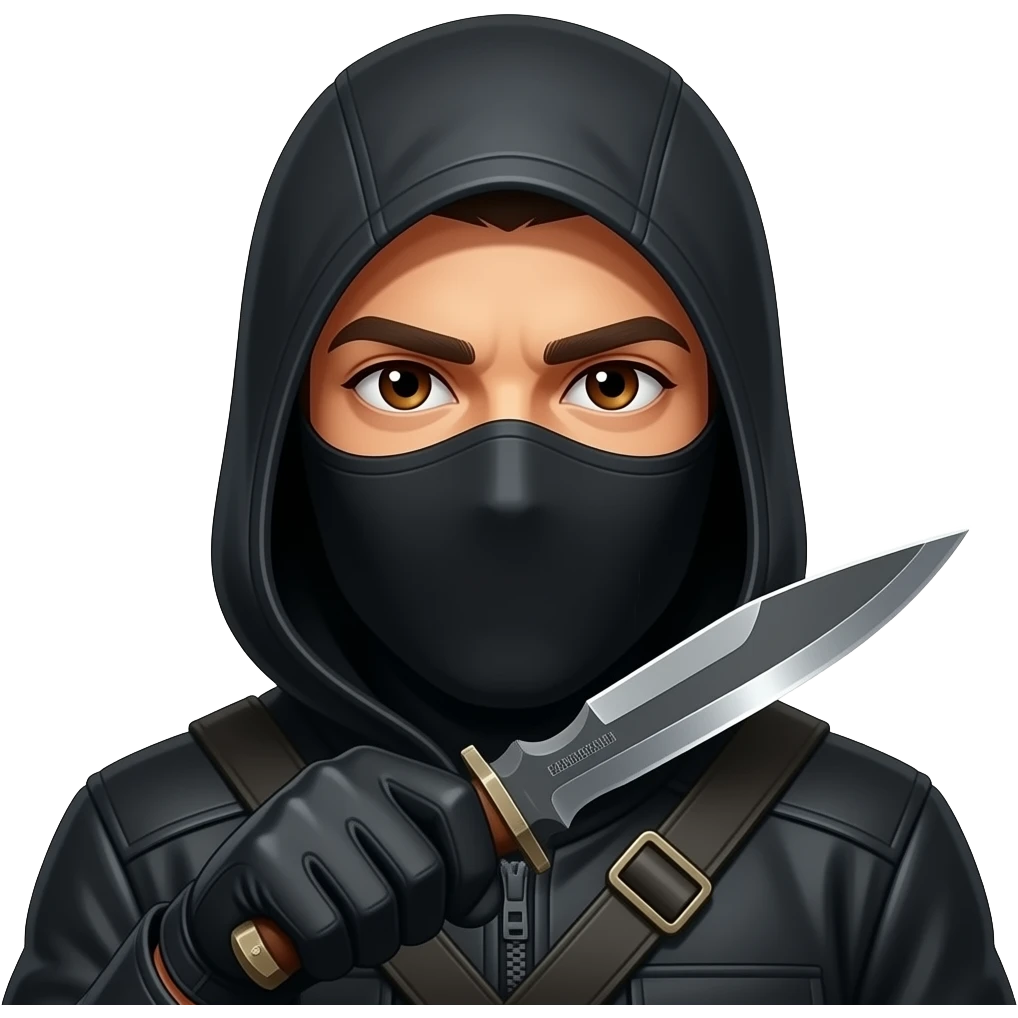 Spanish Man brown eyes wearing all black in balaclava hood and gloves with karambit emoji
